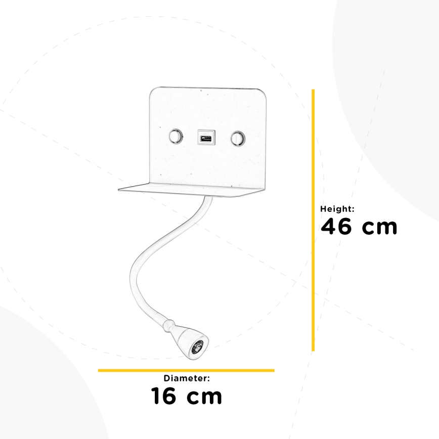 ONLI - LED Fleksibilna mala svetilka s polico in USB polnjenje PLAK LED/1W/230V črna