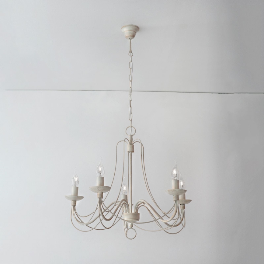 Lestenec na verigi VELA 5xE14/40W/230V pr. 60 cm bela/zlata/patina