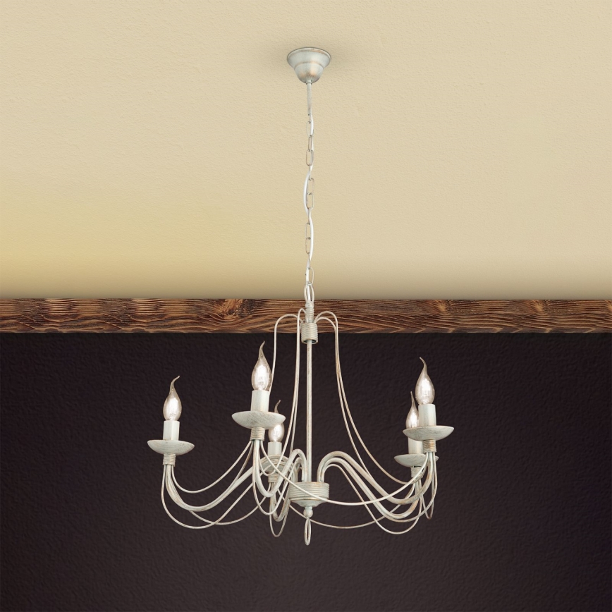 Lestenec na verigi VELA 5xE14/40W/230V pr. 60 cm bela/zlata/patina