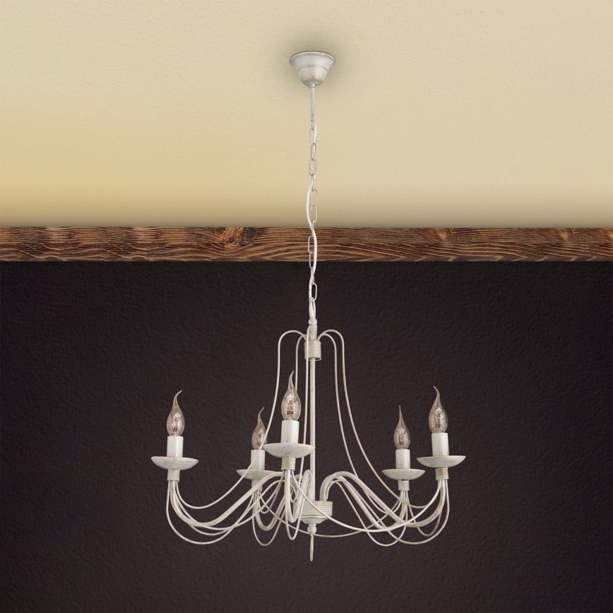 Lestenec na verigi VELA 5xE14/40W/230V pr. 60 cm bela/zlata/patina