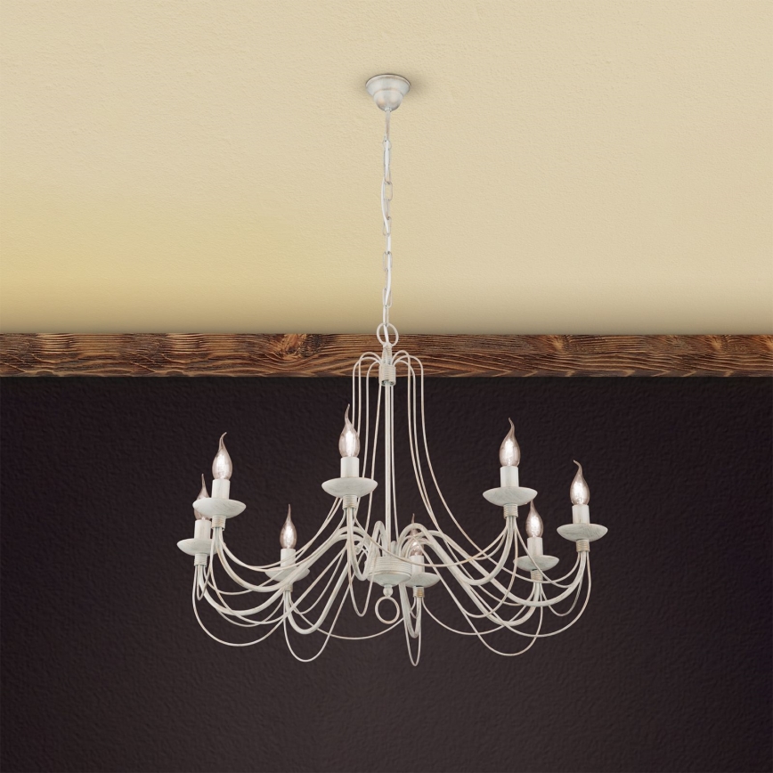 Lestenec na verigi VELA 8xE14/40W/230V pr. 80 cm bela/zlata/patina