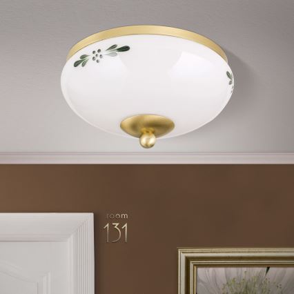Stropna svetilka LANDHAUS 1xE27/60W/230V Ø 21 cm medeninа/bela/zelena