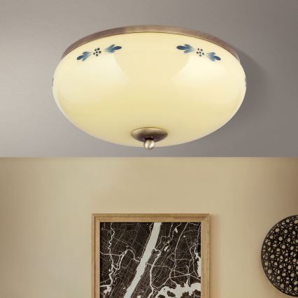 Stropna svetilka LANDHAUS 3xE27/60W/230V, premer 35 cm, bronasta/bežna/modra