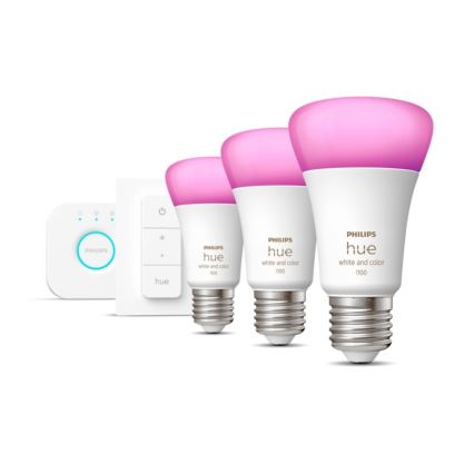 Osnovni komplet Philips Hue WHITE AND COLOR AMBIANCE 3xE27/9W 2000-6500K + Hue Bridge in stikalo za zatemnjevanje