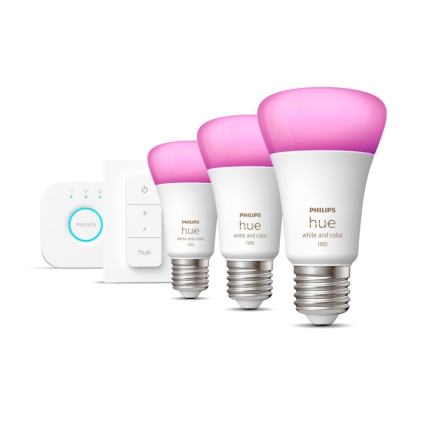 Osnovni komplet Philips Hue WHITE AND COLOR AMBIANCE 3xE27/9W 2000-6500K + Hue Bridge in stikalo za zatemnjevanje