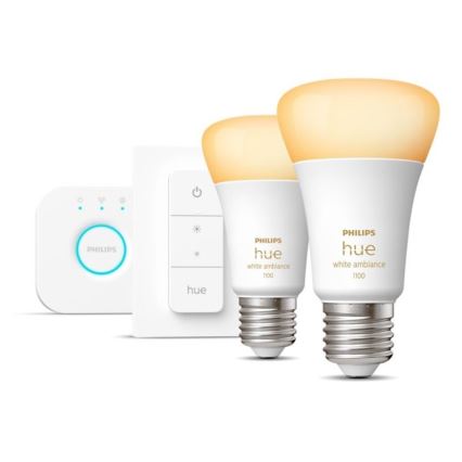 Osnovni komplet Philips Hue WHITE AMBIANCE 2xE27/8W/230V + Hue bridge in stikalo za zatemnjevanje
