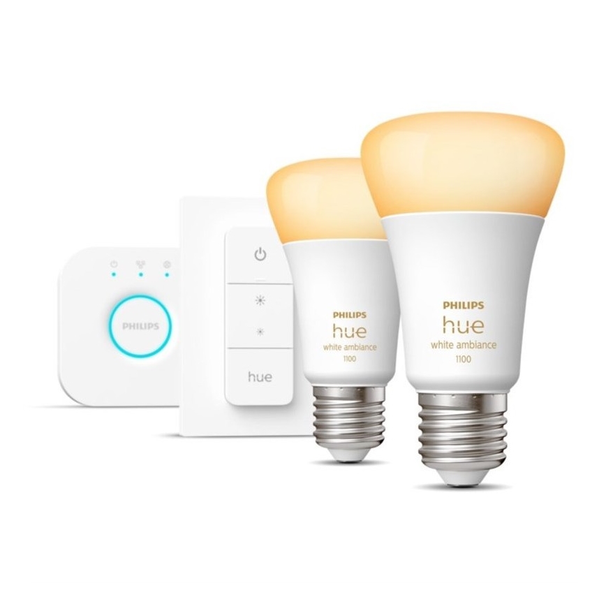 Osnovni komplet Philips Hue WHITE AMBIANCE 2xE27/8W/230V + Hue bridge in stikalo za zatemnjevanje