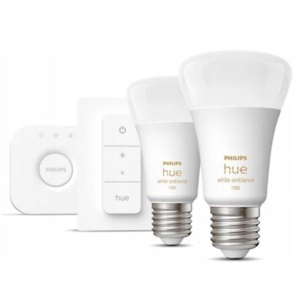 Osnovni komplet Philips Hue WHITE AMBIANCE 2xE27/8W/230V + Hue bridge in stikalo za zatemnjevanje