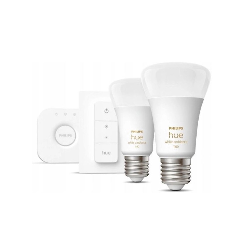 Osnovni komplet Philips Hue WHITE AMBIANCE 2xE27/8W/230V + Hue bridge in stikalo za zatemnjevanje