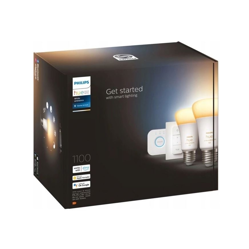 Osnovni komplet Philips Hue WHITE AMBIANCE 2xE27/8W/230V + Hue bridge in stikalo za zatemnjevanje