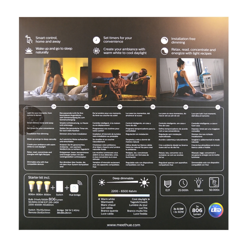 Osnovni komplet Philips Hue WHITE AMBIANCE 3xE27/8,5W + povezovalna naprava