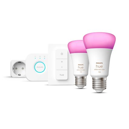 Začetni komplet Philips Hue WHITE AND COLOR AMBIANCE 2xE27/9W/230V 2200-6500K + pametna vtičnica, Hue Bridge in stikalo za zatemnjevanje