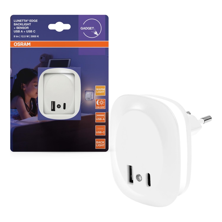 Osram - LED nočna svetilka za vtičnico s senzorjem in USB LUNETTA LED/12,5W/230V bela