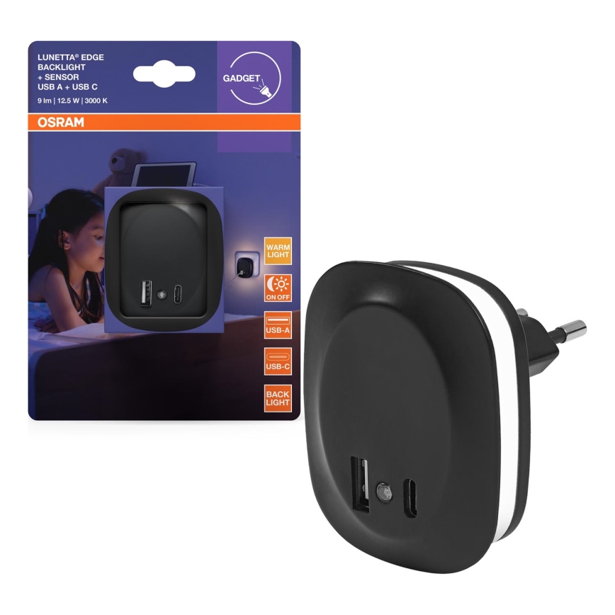 Osram - LED nočna svetilka za vtičnico s senzorjem in USB LUNETTA LED/12,5W/230V črna