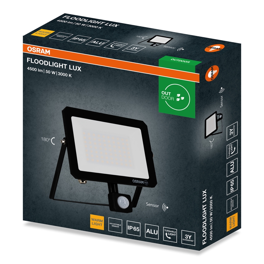 Osram - LED reflektor s senzorjem gibanja in senzorjem mraka FLOODLIGHT LED/50W/230V 3000K IP65 črn