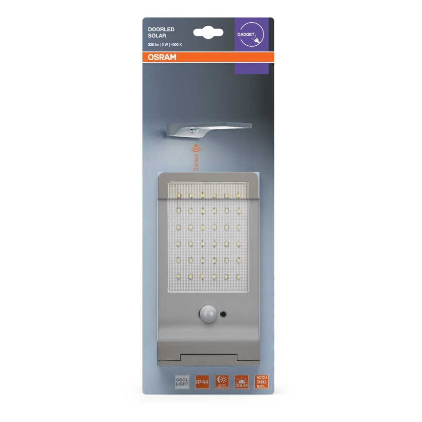 Osram - LED solarna stenska svetilka s senzorjem DOORLED LED/3W/3,3V 2000 mAh IP44 srebrna