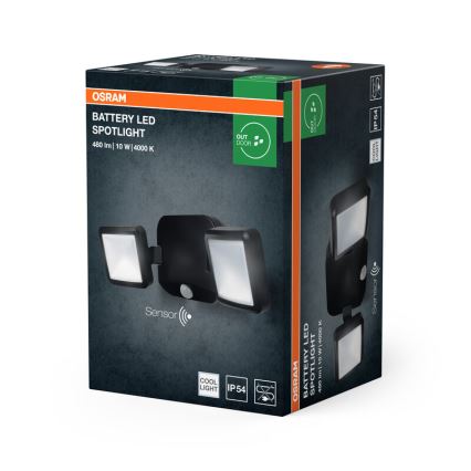 Osram - zunanji stenski LED reflektor s senzorjem BATTERY, 2×LED/5W, napajan z 4× baterijami tipa D, IP54