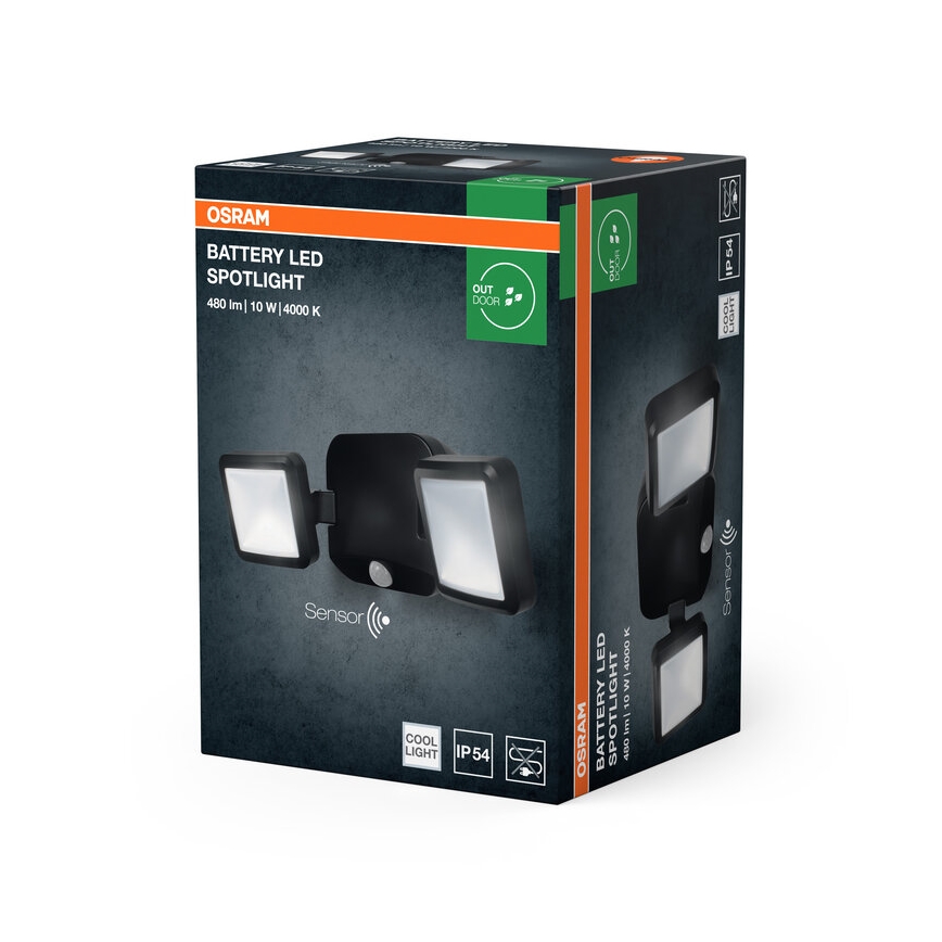 Osram - zunanji stenski LED reflektor s senzorjem BATTERY, 2×LED/5W, napajan z 4× baterijami tipa D, IP54