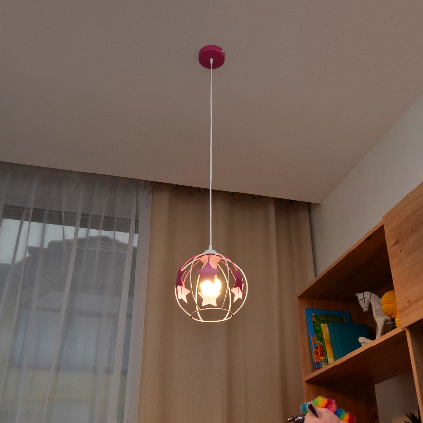 Otroški lestenec na vrvici STARS 1xE27/15W/230V roza/bela