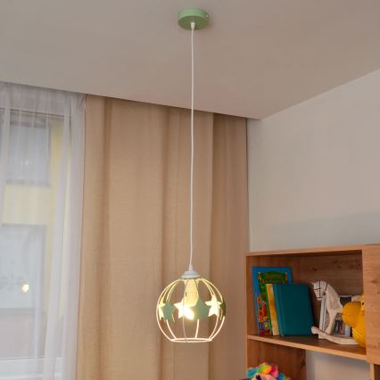 Otroški lestenec na vrvici STARS 1xE27/15W/230V zelena/bela