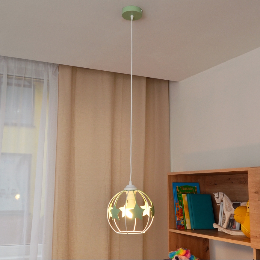 Otroški lestenec na vrvici STARS 1xE27/15W/230V zelena/bela