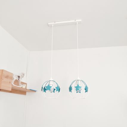 Otroški lestenec na vrvici STARS 2xE27/15W/230V turkizna/bela