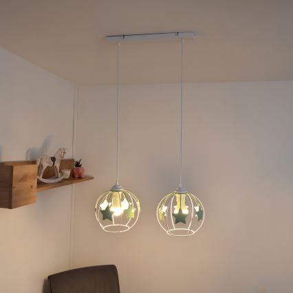 Otroški lestenec na vrvici STARS 2xE27/15W/230V zelena/bela