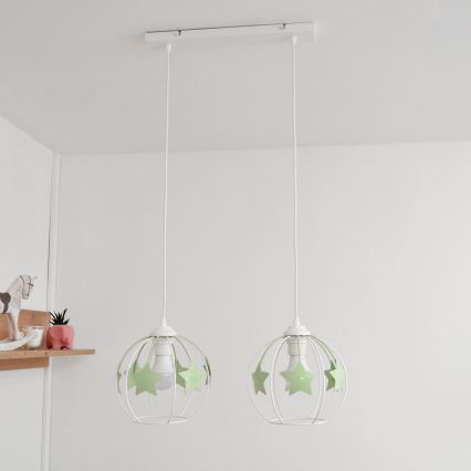 Otroški lestenec na vrvici STARS 2xE27/15W/230V zelena/bela