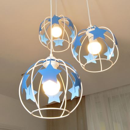 Otroški lestenec na vrvici STARS 3xE27/15W/230V modra/bela