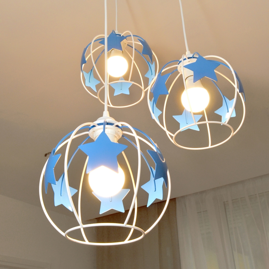 Otroški lestenec na vrvici STARS 3xE27/15W/230V modra/bela