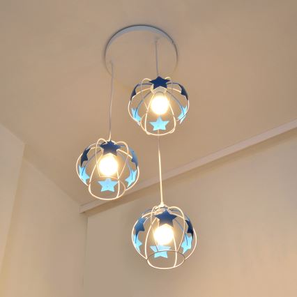 Otroški lestenec na vrvici STARS 3xE27/15W/230V modra/bela
