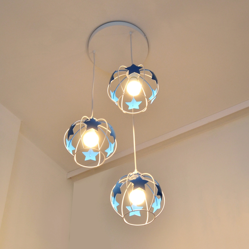 Otroški lestenec na vrvici STARS 3xE27/15W/230V modra/bela
