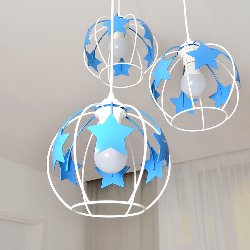 Otroški lestenec na vrvici STARS 3xE27/15W/230V modra/bela