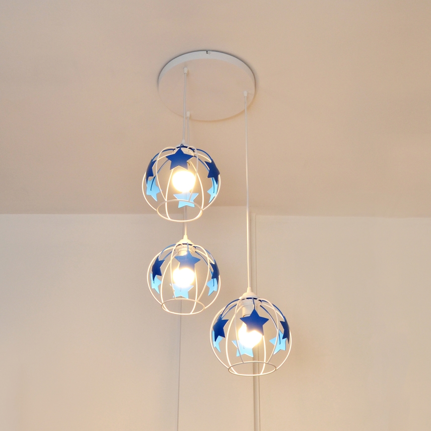 Otroški lestenec na vrvici STARS 3xE27/15W/230V modra/bela