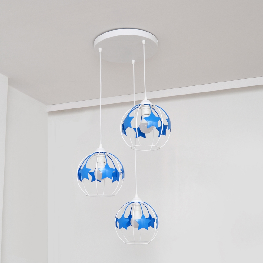 Otroški lestenec na vrvici STARS 3xE27/15W/230V modra/bela