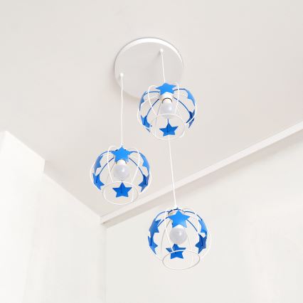 Otroški lestenec na vrvici STARS 3xE27/15W/230V modra/bela
