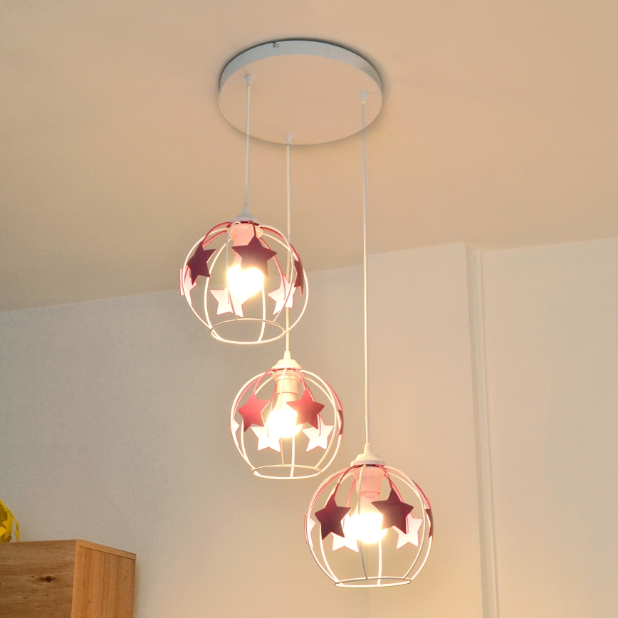 Otroški lestenec na vrvici STARS 3xE27/15W/230V roza/bela