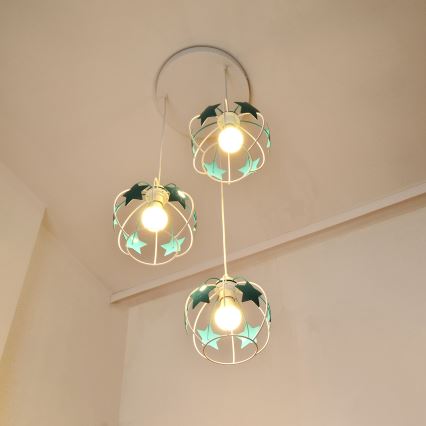 Otroški lestenec na vrvici STARS 3xE27/15W/230V turkizna/bela
