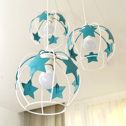 Otroški lestenec na vrvici STARS 3xE27/15W/230V turkizna/bela