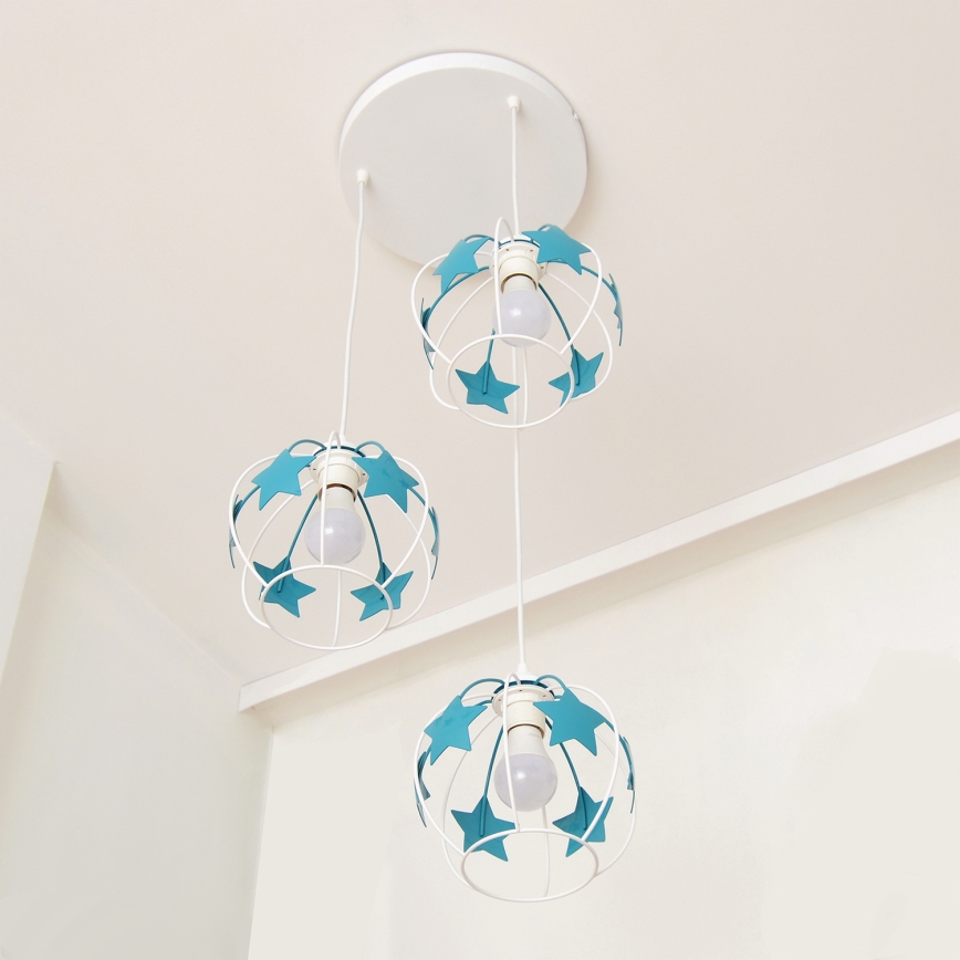 Otroški lestenec na vrvici STARS 3xE27/15W/230V turkizna/bela