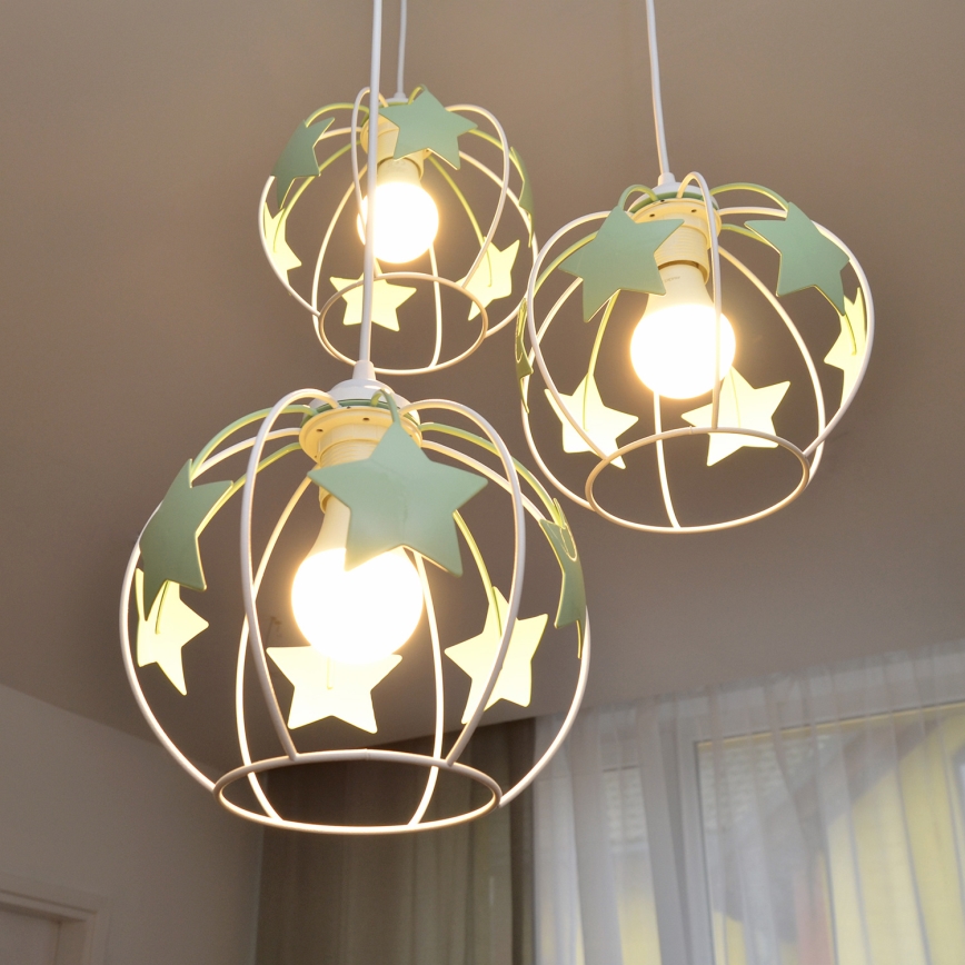 Otroški lestenec na vrvici STARS 3xE27/15W/230V zelena/bela