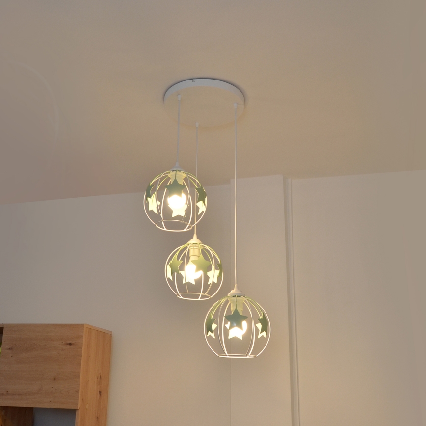 Otroški lestenec na vrvici STARS 3xE27/15W/230V zelena/bela