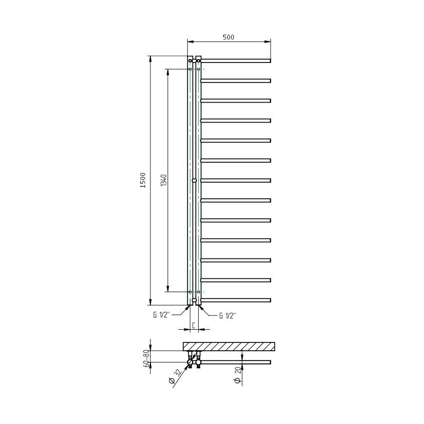 P.M.H. AP2C - Kopalniški lestvični radiator APOLLO 219 W 150 cm desni/sijajni krom