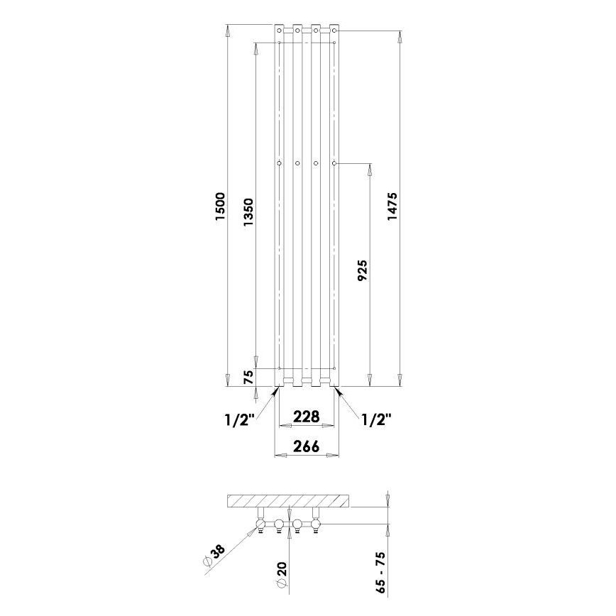 P.M.H. R2C - Kopalniški radiator za brisače ROSENDAL, 350 W, 150 cm, sijajni krom