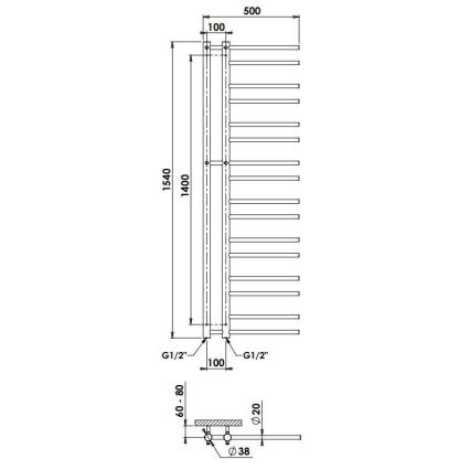 P.M.H. T2B-L - Kopalniški lestvični radiator THEIA 352 W 154 cm levi/črni
