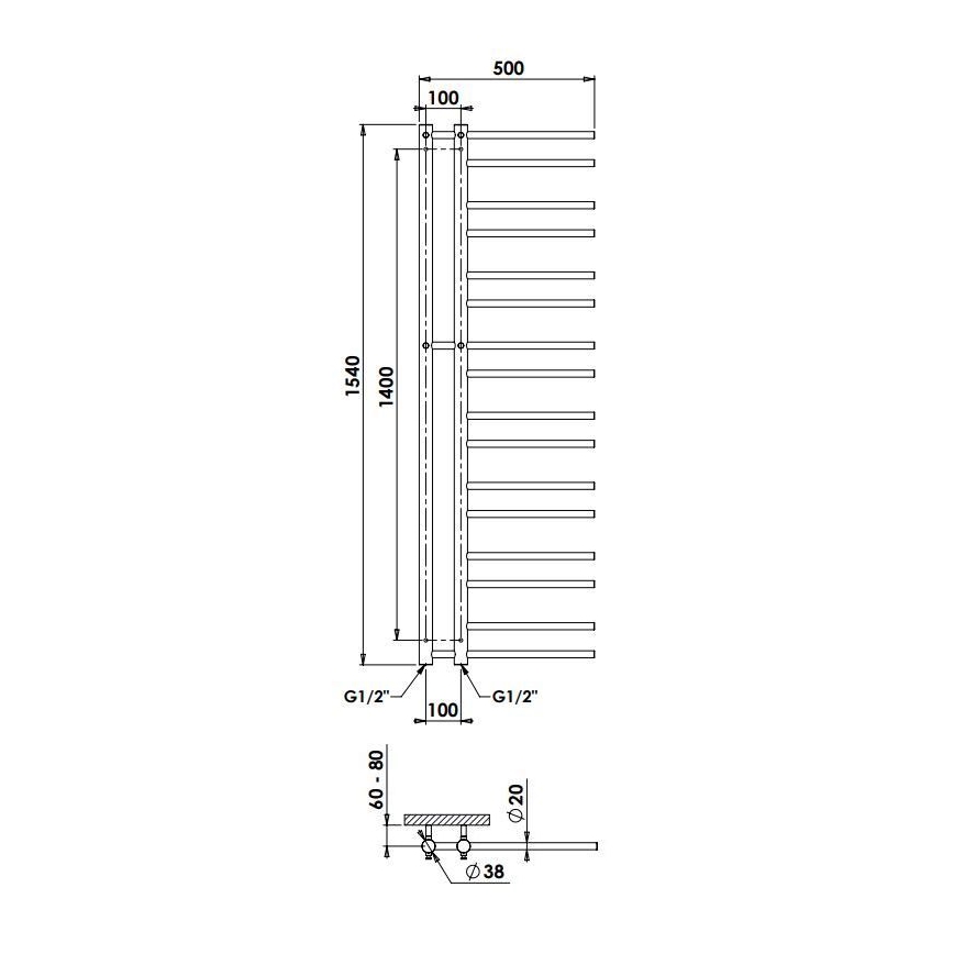 P.M.H. T2B-L - Kopalniški lestvični radiator THEIA 352 W 154 cm levi/črni