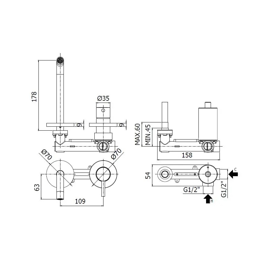 Paffoni - podometna armatura za umivalnik LIGHT, zlata