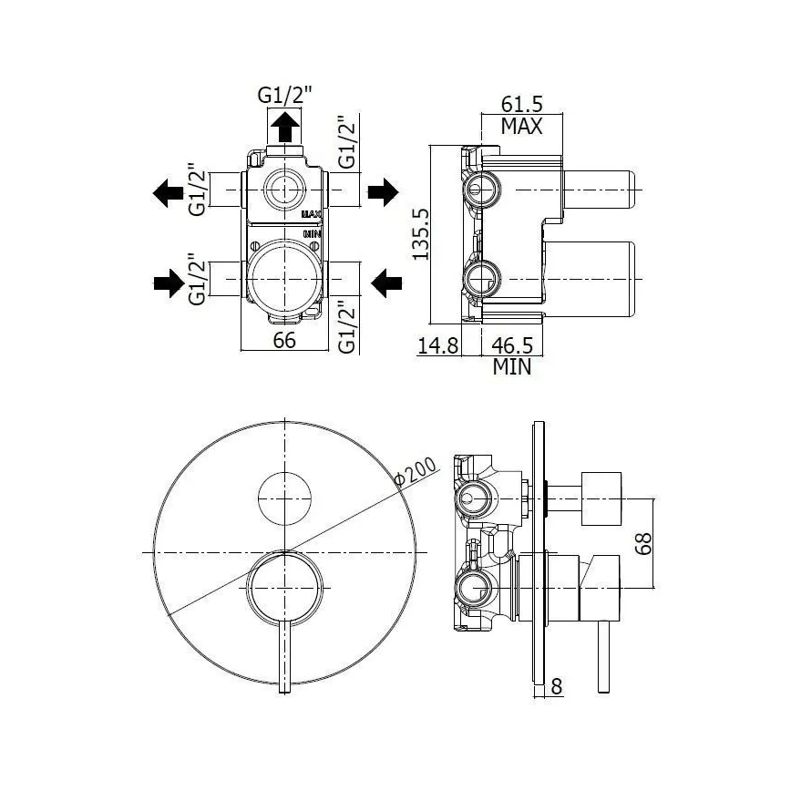 Paffoni - Podometna tuš baterija LIGHT, črna