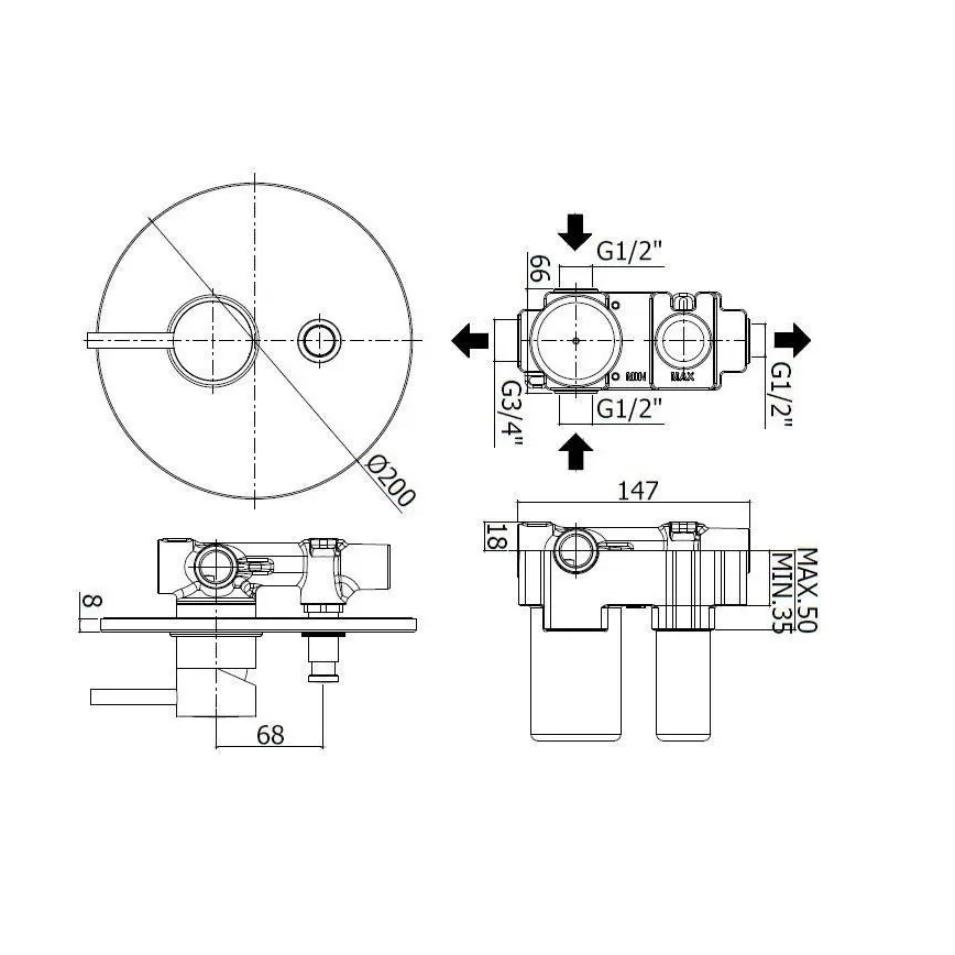 Paffoni - Tuš baterija za podometno vgradnjo LIGHT črna