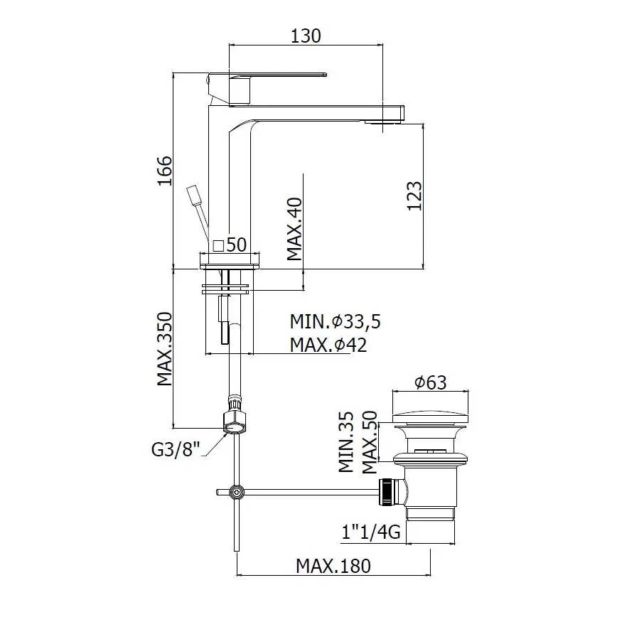 Paffoni - Umivalniška armatura TANGO z odtokom iz nerjavnega jekla